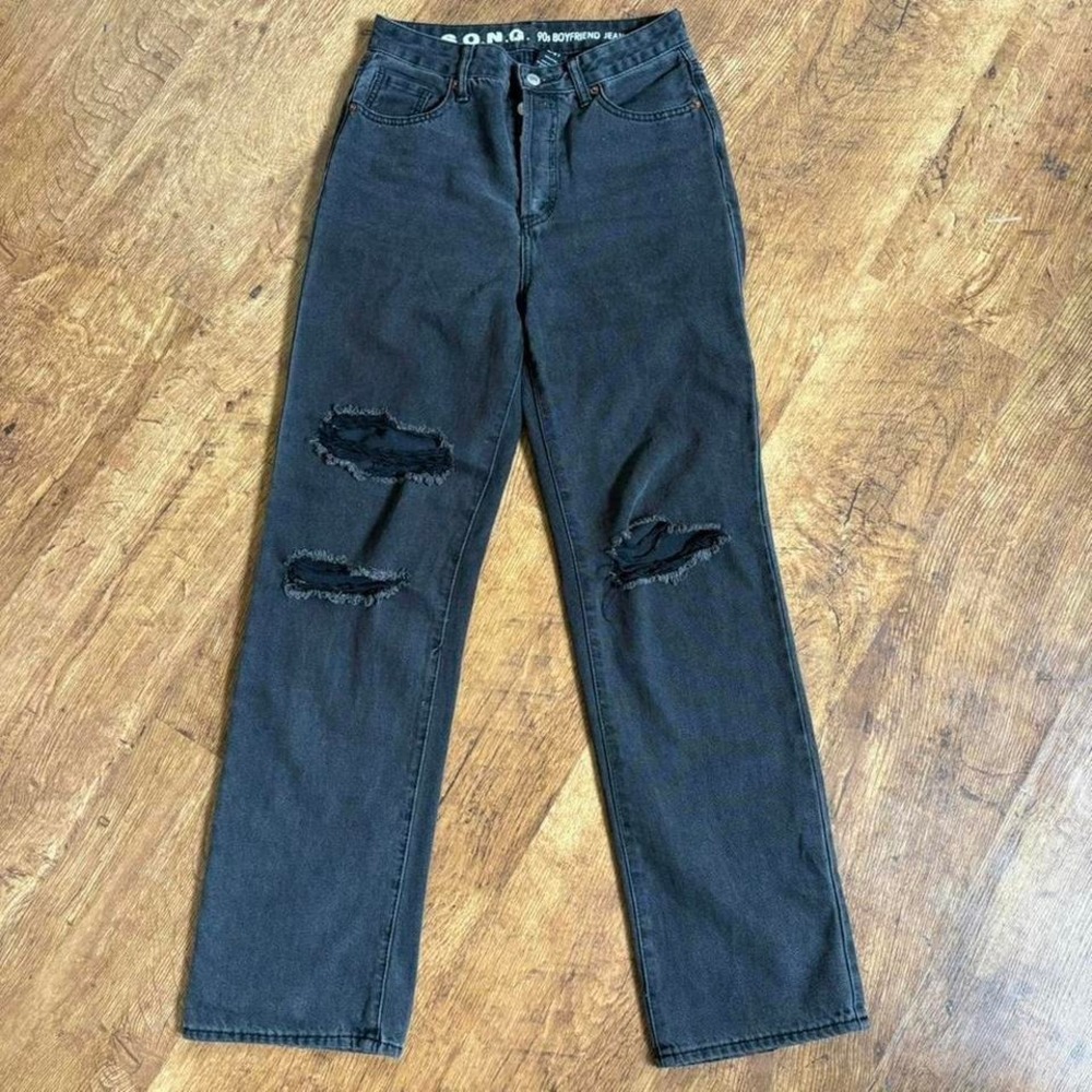 Grunge‎ 90s boyfriend jeans faded black looking dark grey high-waisted denim